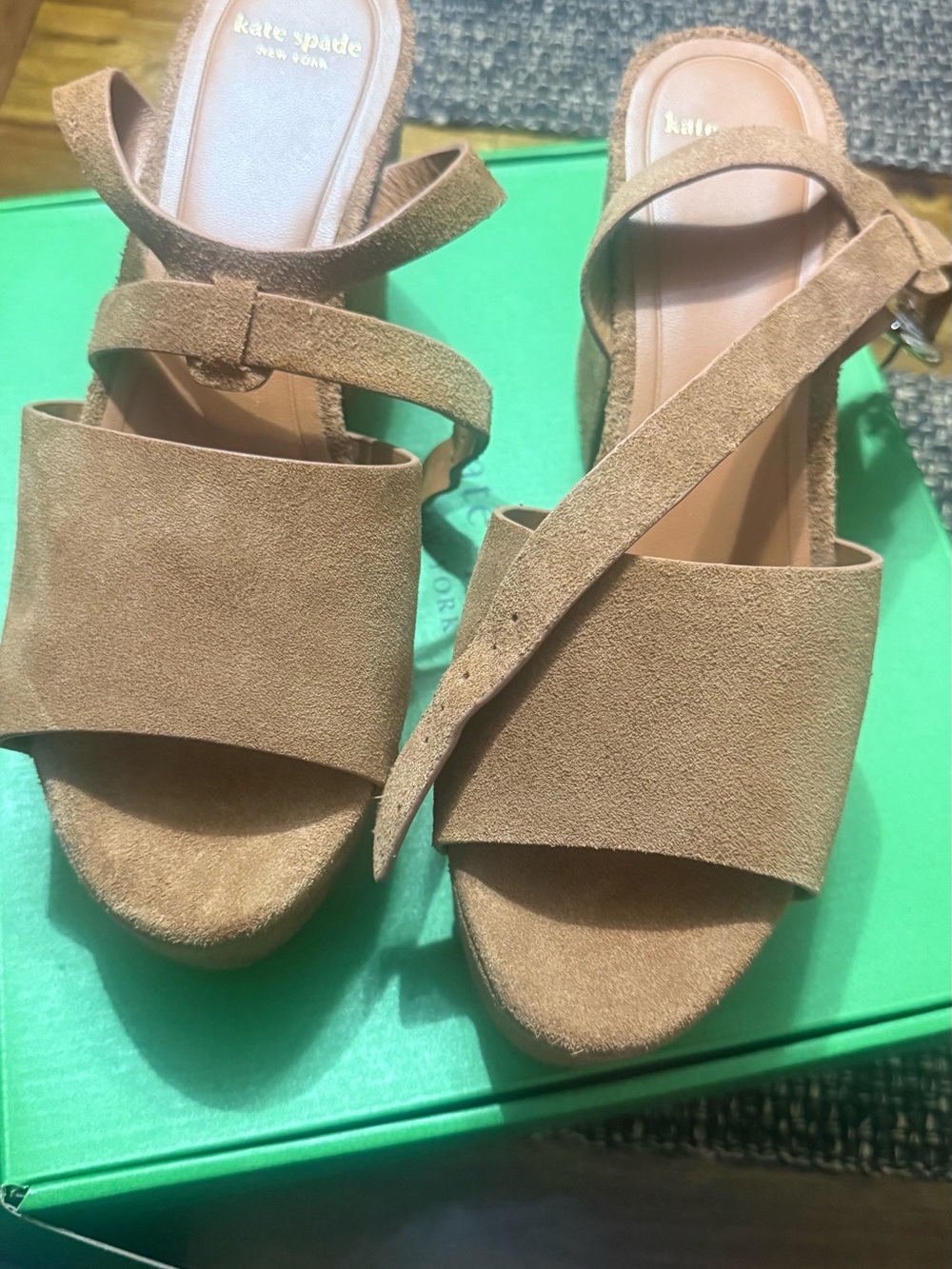 kate spade tan suede cross-strap platform sandals